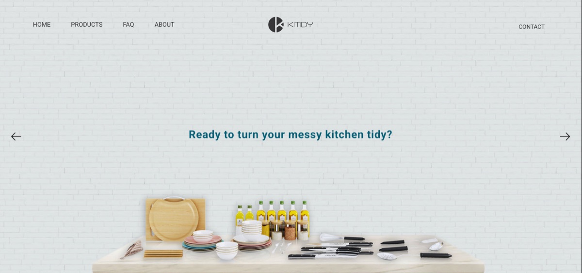 The kitidy.com home page: a white brick wall, the headline Ready to turn your messy kitchen tidy, and a counter of plates, bottles and utensils.