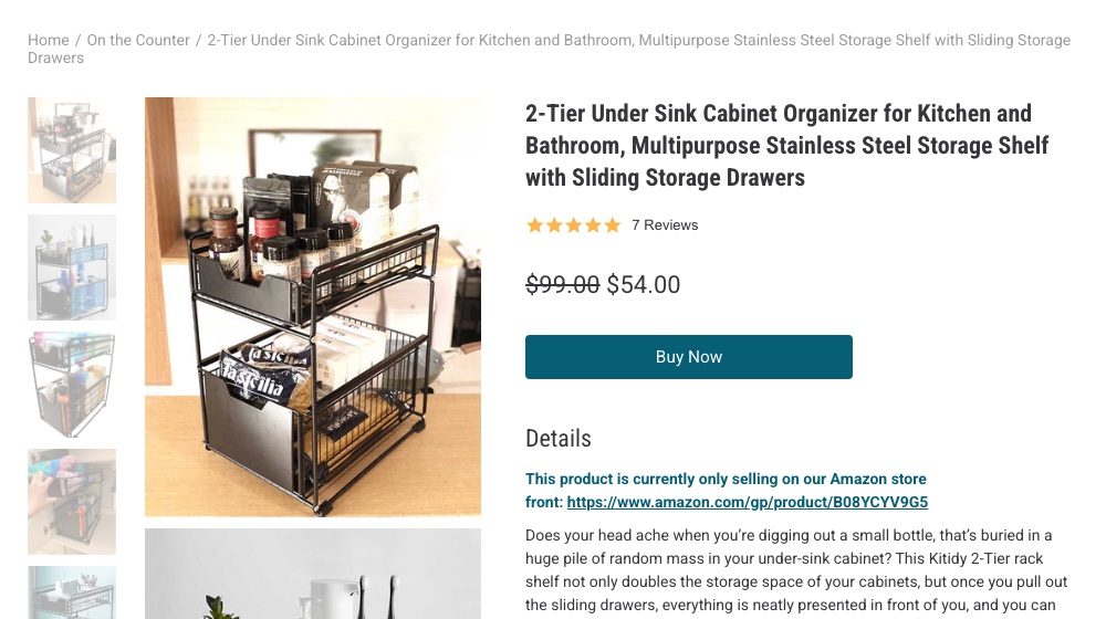 A Kitidy product page for a 2-tier under-sink organiser: five-star rating from 7 reviews, the price, and a single Buy Now button that links to Amazon.
